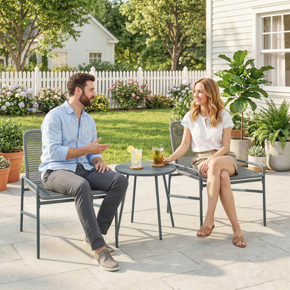 Rattan Bistro Set with 2 Chairs & Round Table for Patio, Dark Grey