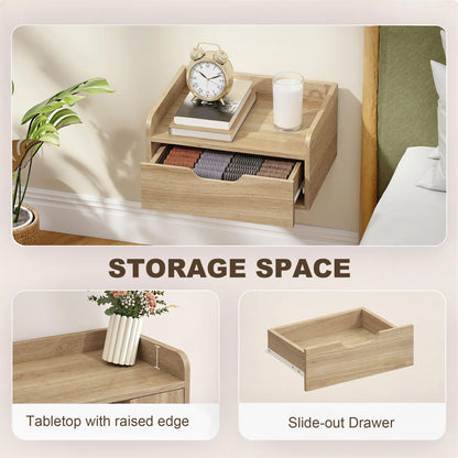 Floating Nightstands Set of 2, Nightstand with Drawer, Natural Wood