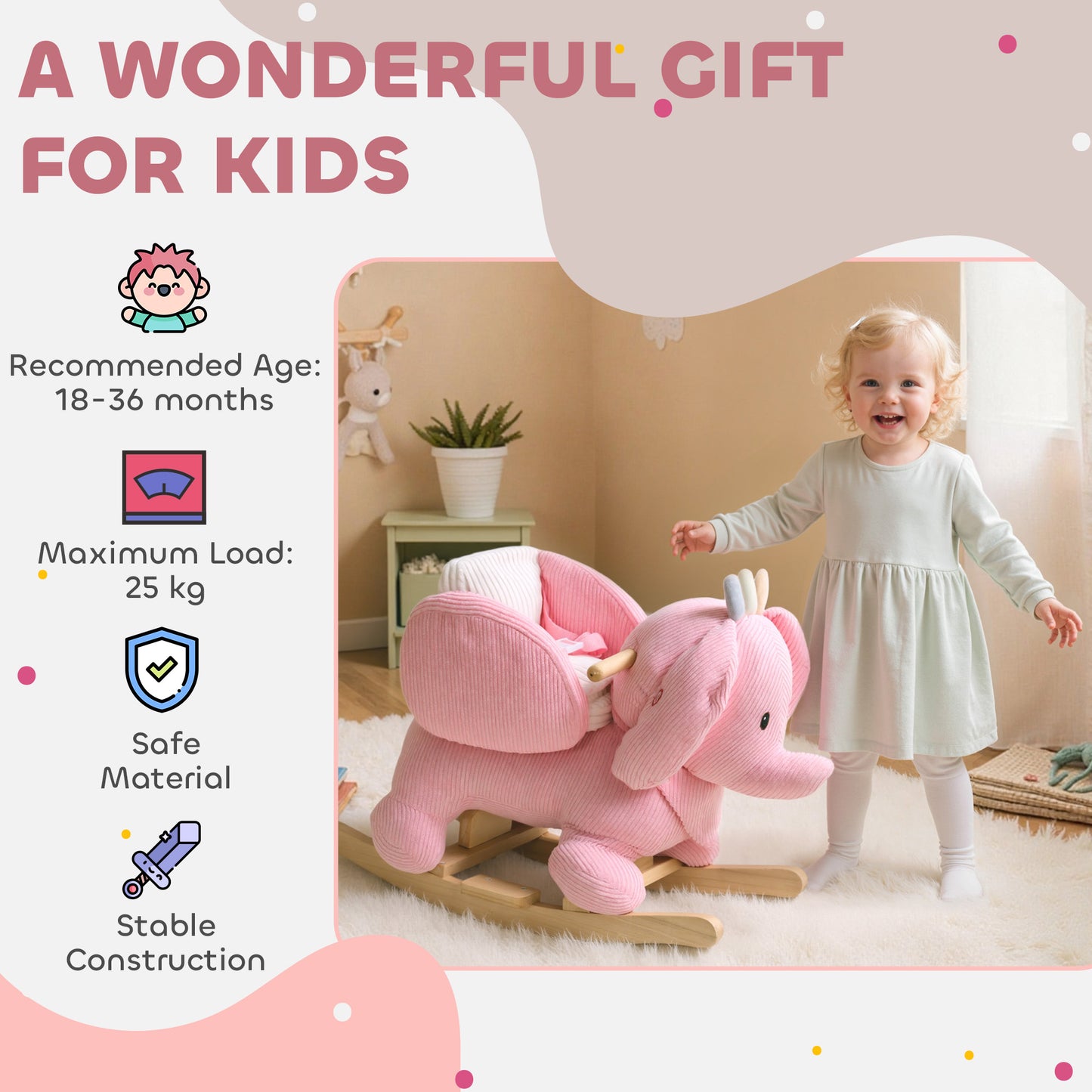 Kids Rocking Horse, Baby Ride on Rocker with Safety Belt, Pink