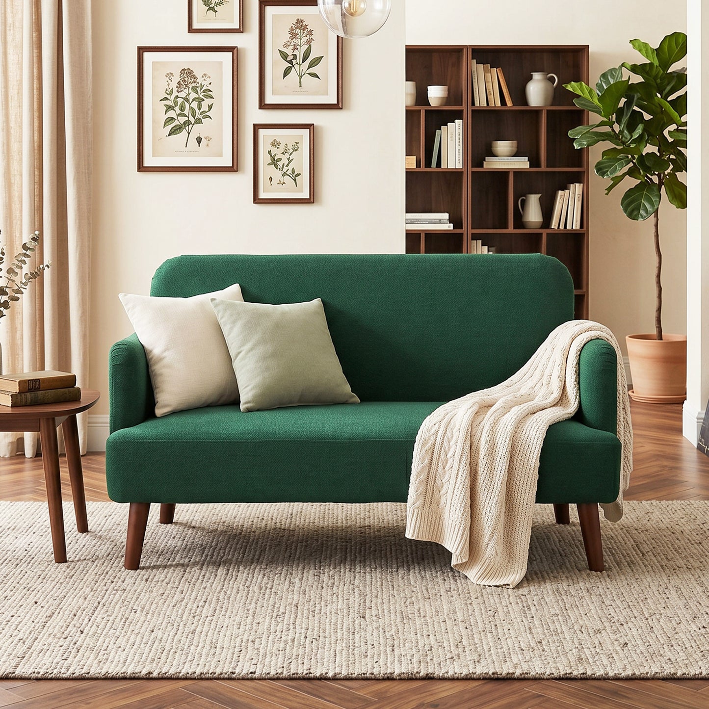 2 Seater Sofa, Small Sofa with 21cm Thick Padding and Wood Legs, Modern Velvet Feel Fabric Loveseat for Living Room, Bedroom, Home Office, Dark Green
