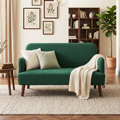 2 Seater Sofa, Small Sofa with 21cm Thick Padding and Wood Legs, Modern Velvet Feel Fabric Loveseat for Living Room, Bedroom, Home Office, Dark Green
