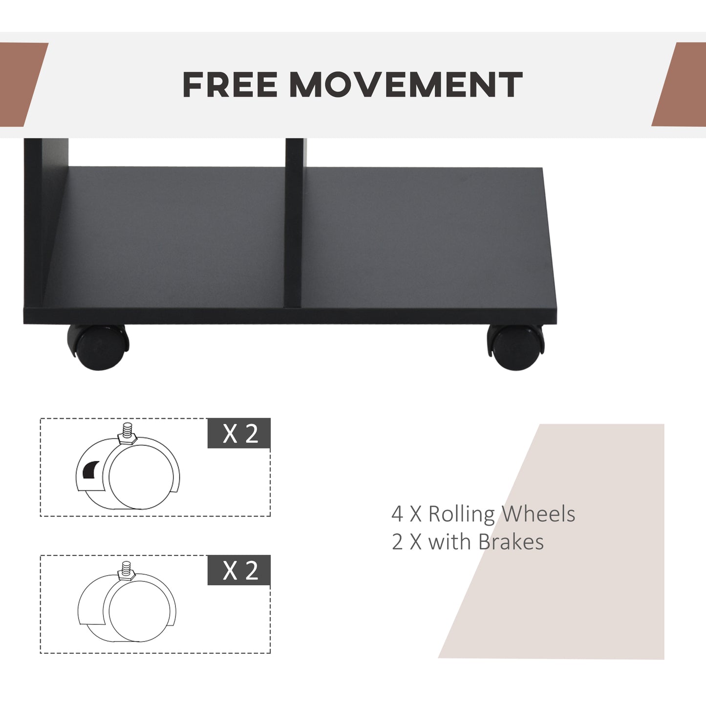 C-Shape End Table Storage Unit w/ 2 Shelves 4 Wheels Home Office Black