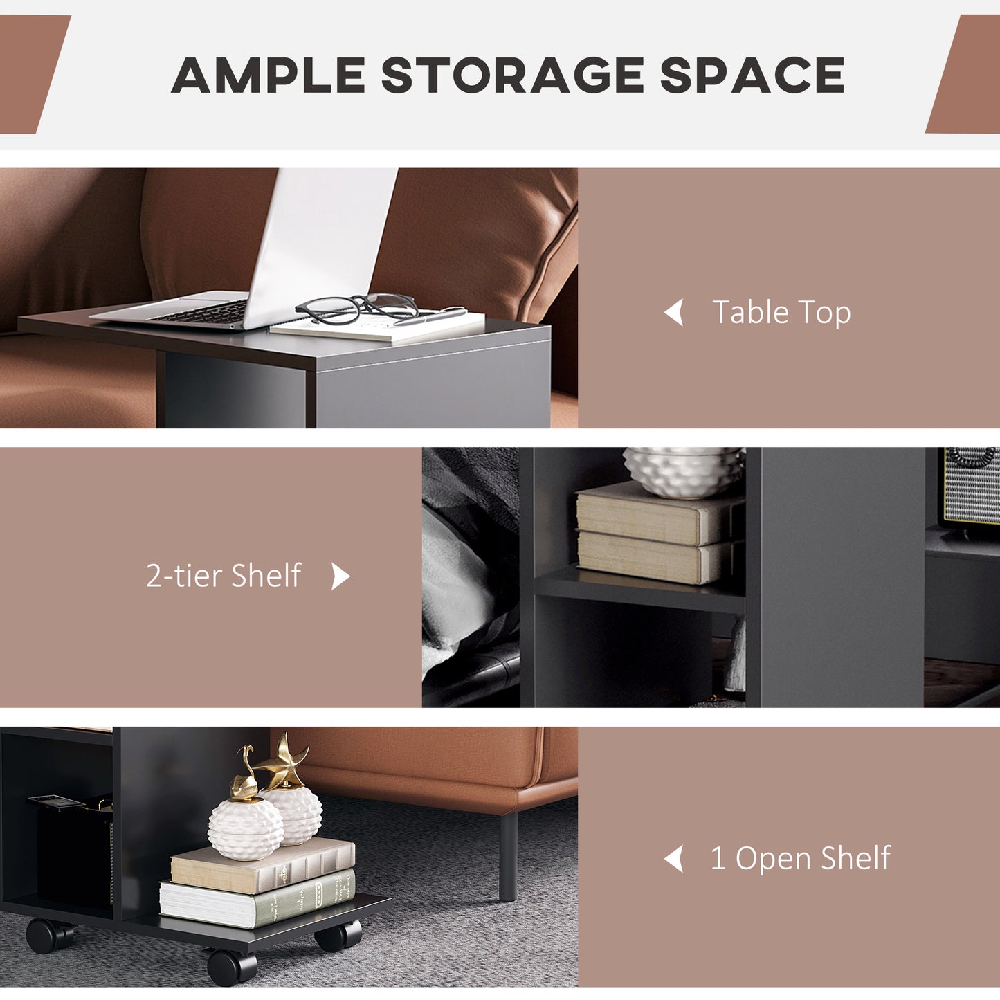 C-Shape End Table Storage Unit w/ 2 Shelves 4 Wheels Home Office Black