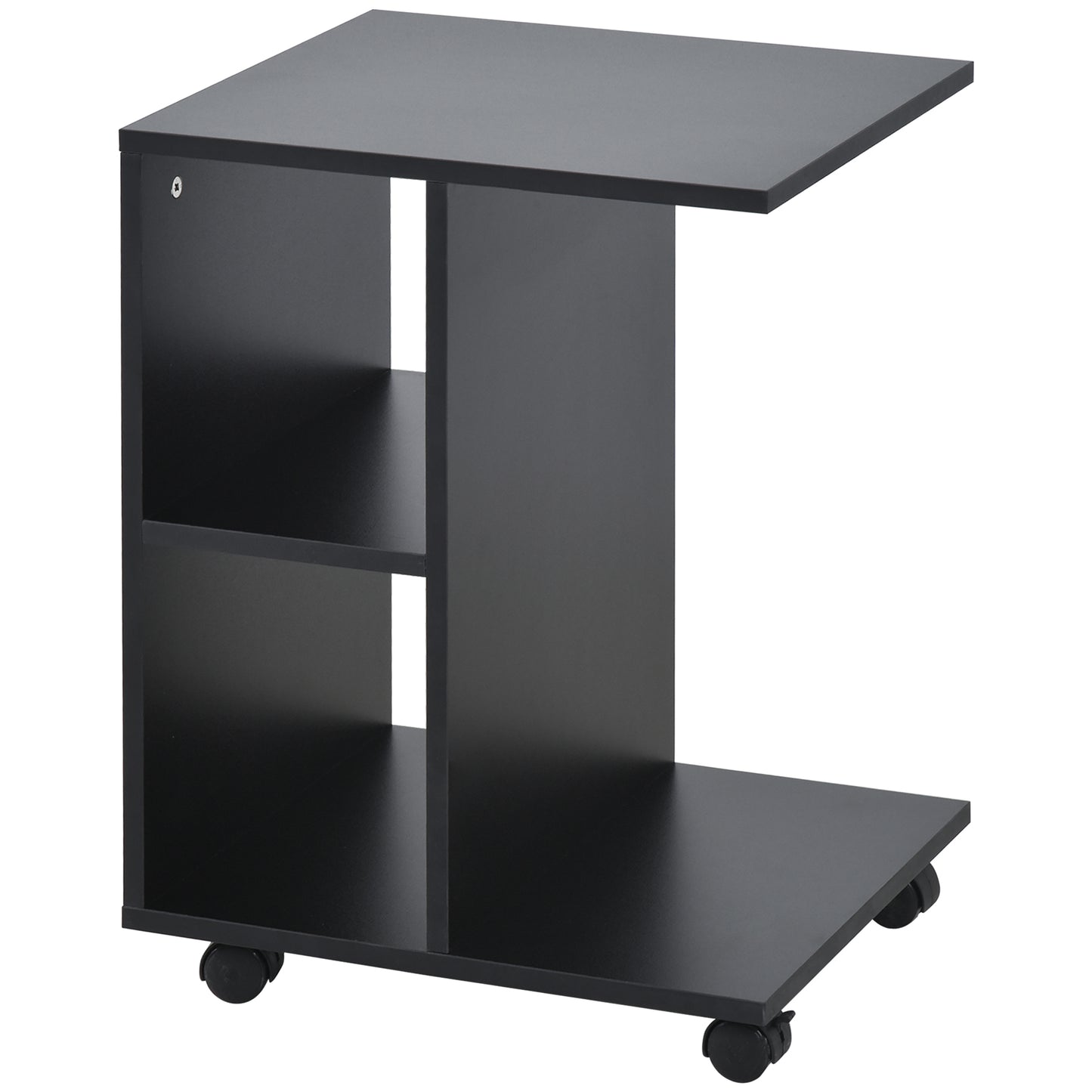 C-Shape End Table Storage Unit w/ 2 Shelves 4 Wheels Home Office Black