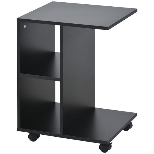C-Shape End Table Storage Unit w/ 2 Shelves 4 Wheels Home Office Black