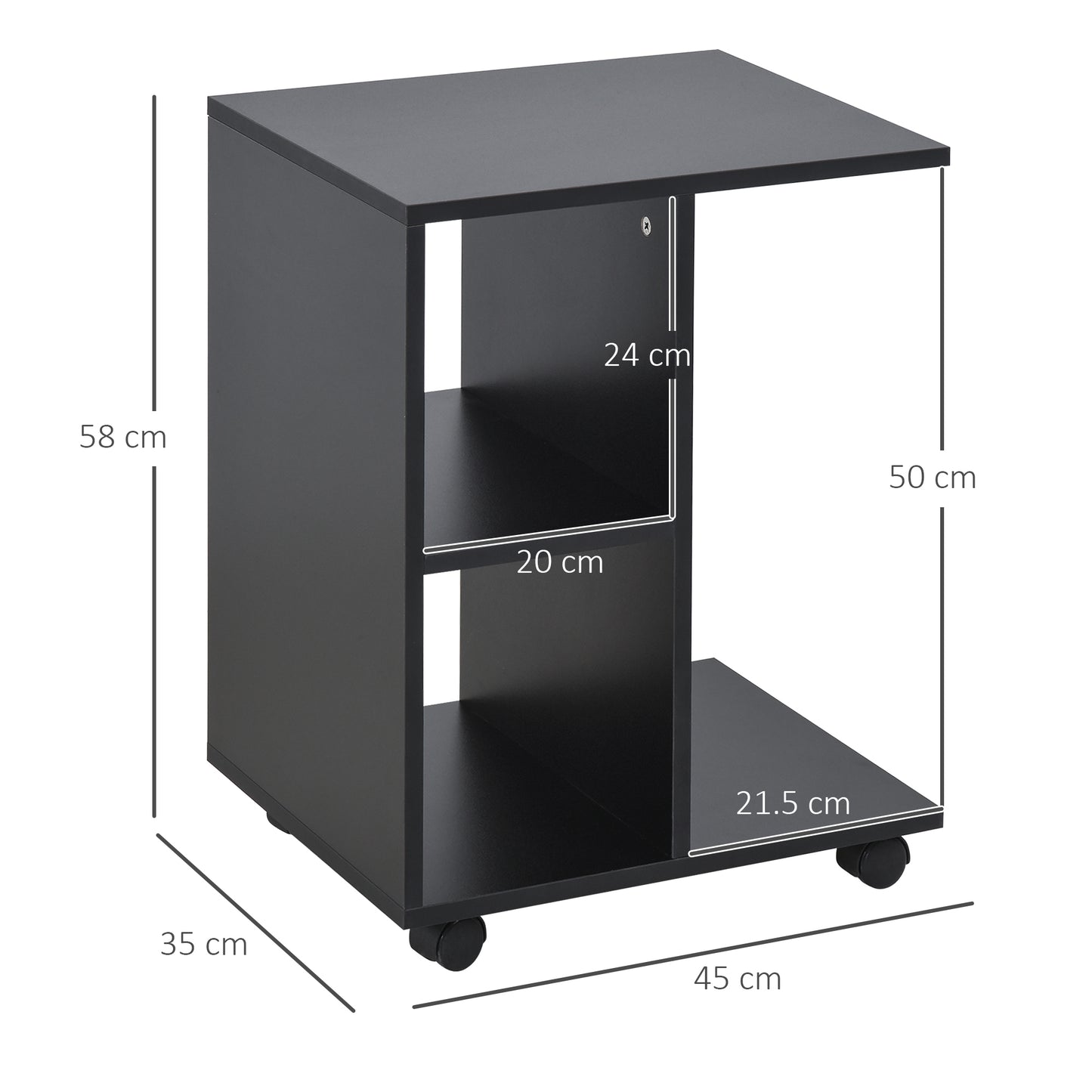 C-Shape End Table Storage Unit w/ 2 Shelves 4 Wheels Home Office Black