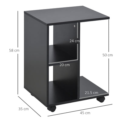 C-Shape End Table Storage Unit w/ 2 Shelves 4 Wheels Home Office Black