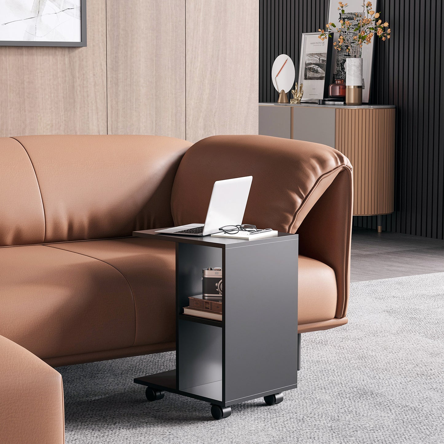 C-Shape End Table Storage Unit w/ 2 Shelves 4 Wheels Home Office Black