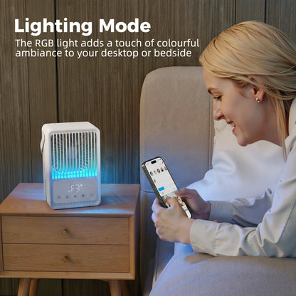 4-in-1 Mini Air Cooler with 7 Colour RGB Light, Cooling Fan, White
