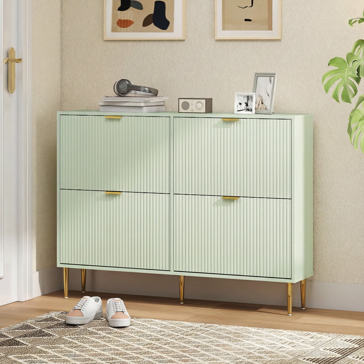 Narrow Shoe Cabinet with 4 Flip Drawers, Modern Slim Shoe Storage Cabinet with Fluted Doors and Adjustable Shelves for Hallway, Holds 10-20 Pairs, Light Green