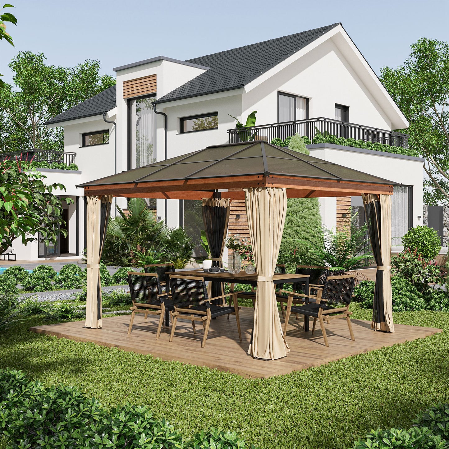 Hardtop Gazebo Polycarbonate Canopy with Nettings and Sidewalls Khaki