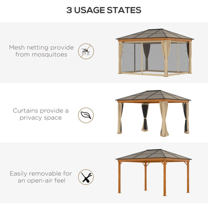 Hardtop Gazebo Polycarbonate Canopy with Nettings and Sidewalls Khaki
