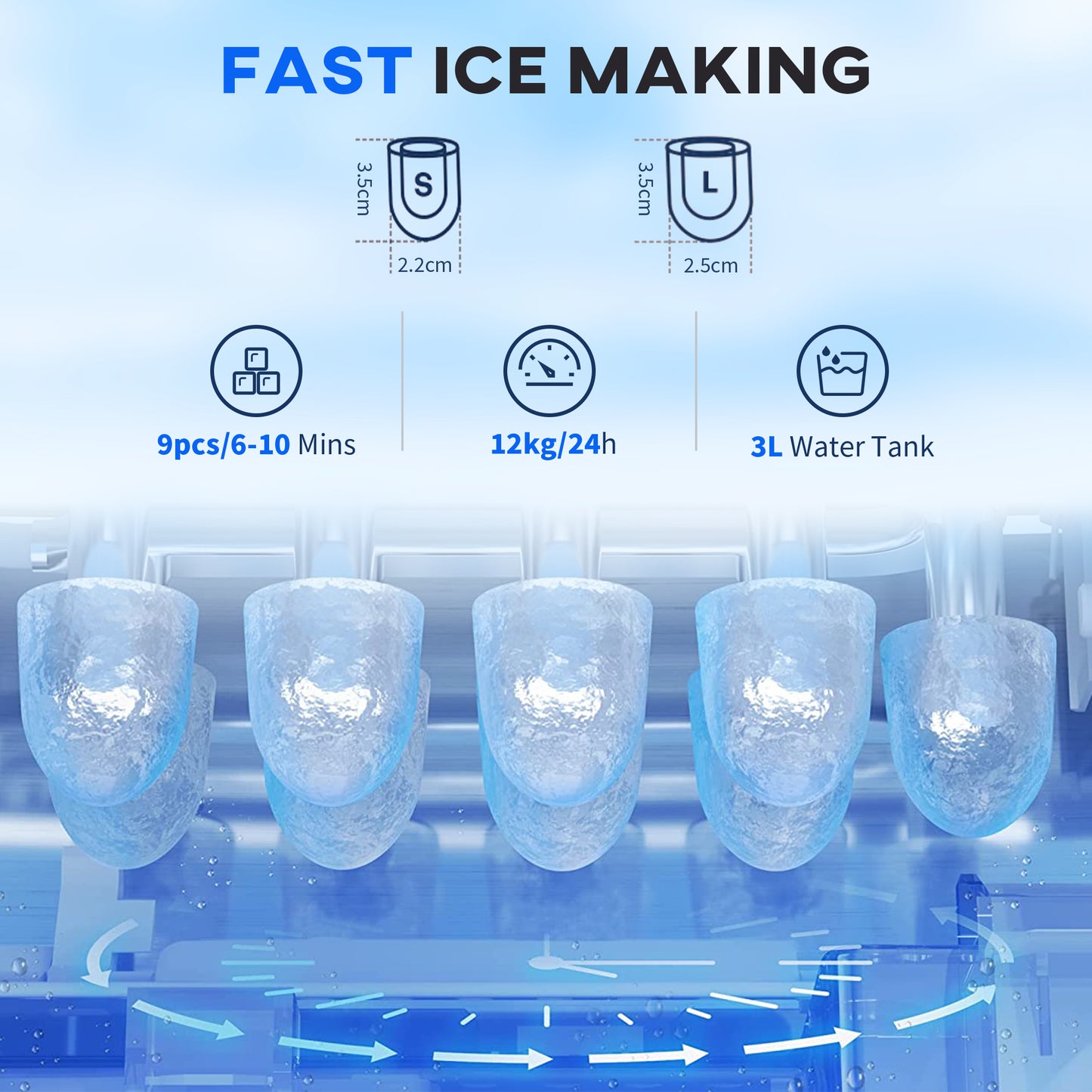 Ice Maker Machine and Water Dispenser 9 Ice Cubes Ready in 6-10 Mins