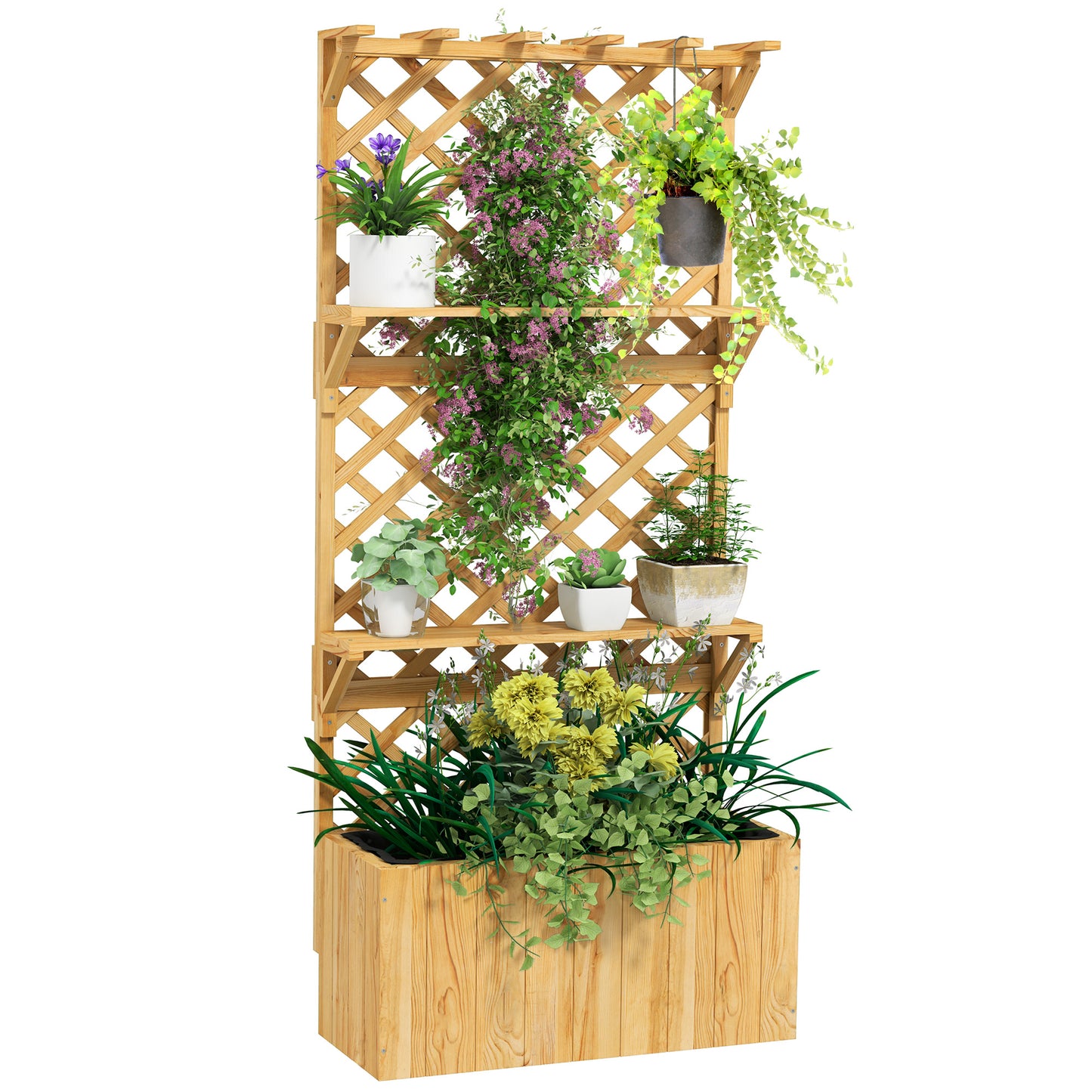 Wooden Raised Planter with Trellis and 2 Shelves, Nature Wood