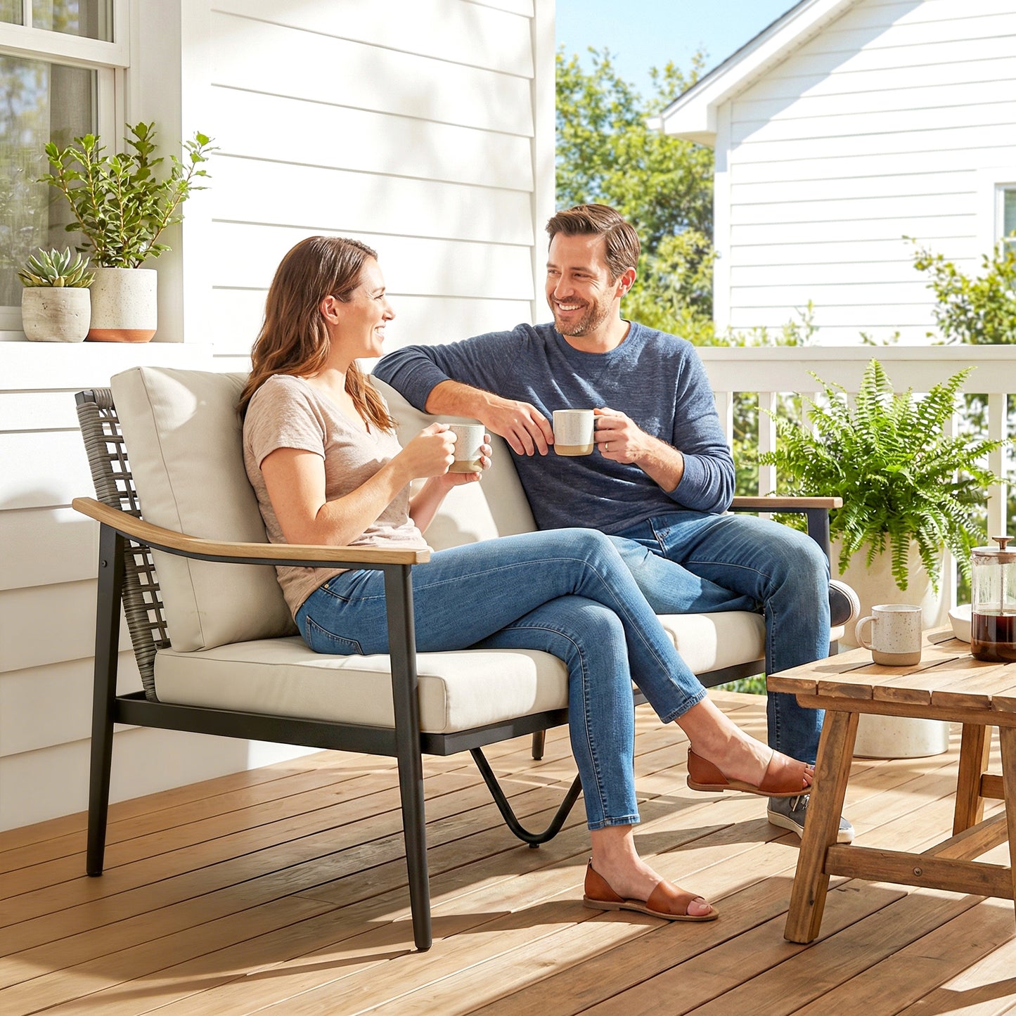 2 Seater Rattan Garden Sofa with Wood-Effect Arms, Cushions, Khaki