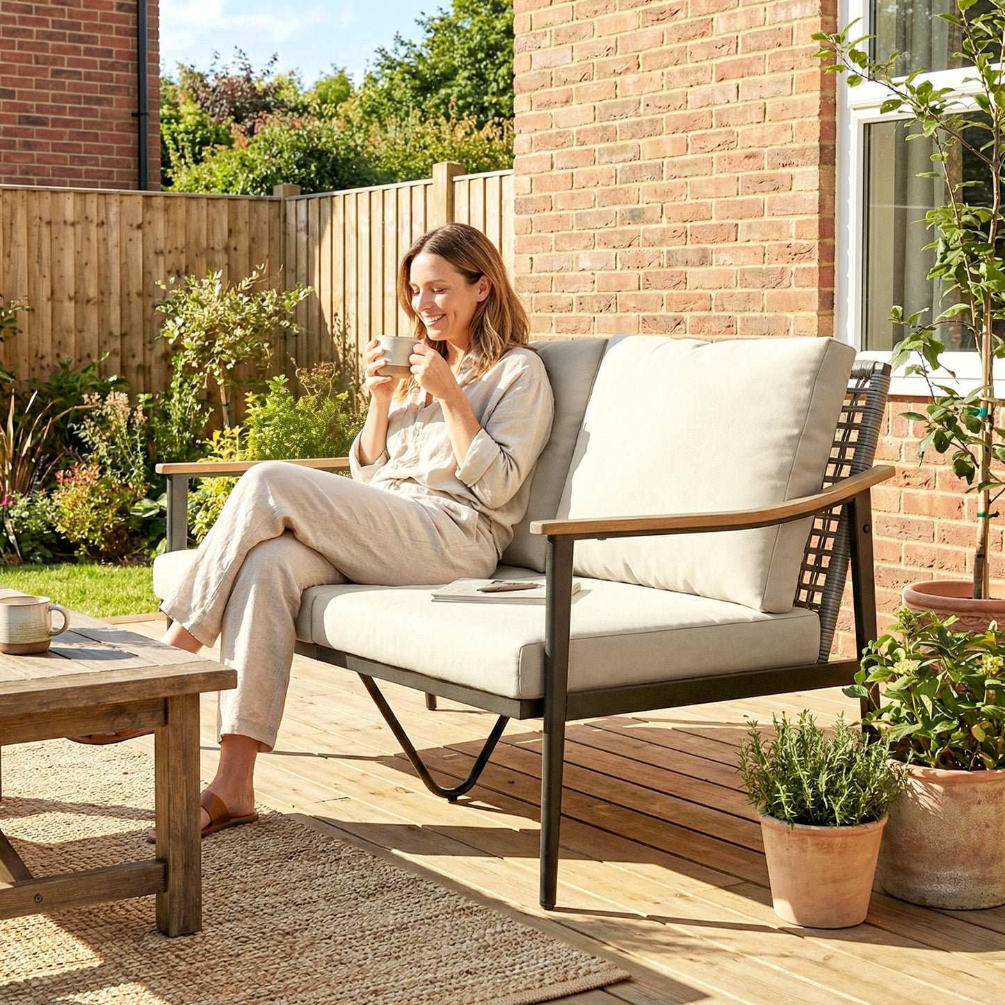 2 Seater Rattan Garden Sofa with Wood-Effect Arms, Cushions, Khaki