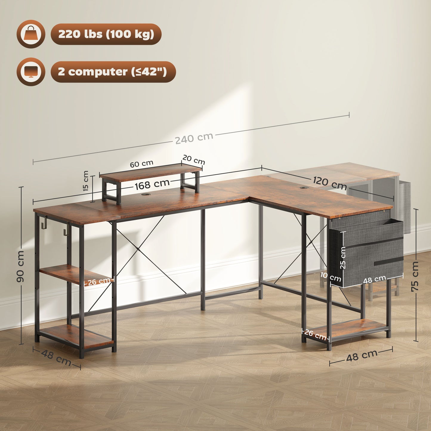 Reversible L Shaped Desk, Industrial Corner Computer Desk with Adjustable Shelf and Storage Bag,