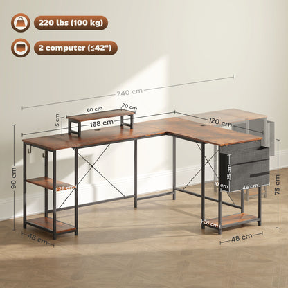 Reversible L Shaped Desk, Industrial Corner Computer Desk with Adjustable Shelf and Storage Bag,