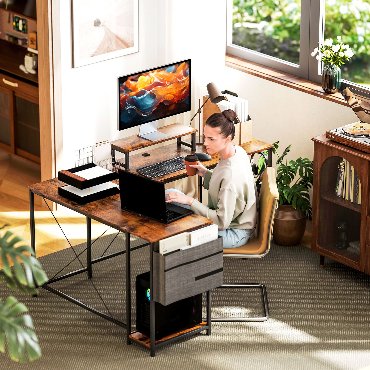 Reversible L Shaped Desk, Industrial Corner Computer Desk with Adjustable Shelf and Storage Bag,
