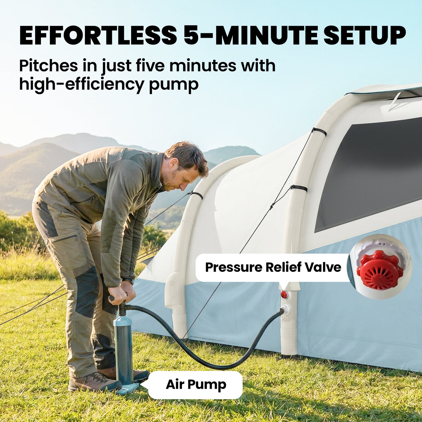 Inflatable Camping Tent w/ Air Pump, 2-3 Person Blow Up Tent, Blue