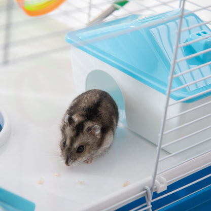 Hamster Cage with Tubes Tunnel 3 Level Rodent House with Exercise Wheel, Water Bottle, Food Dish, Ramp, Hut 59 x 36 x 47 cm- Blue