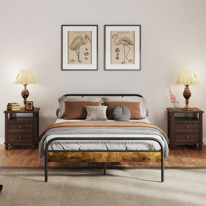Double Bed Frame with Headboard, No Box Spring Needed, Rustic Brown