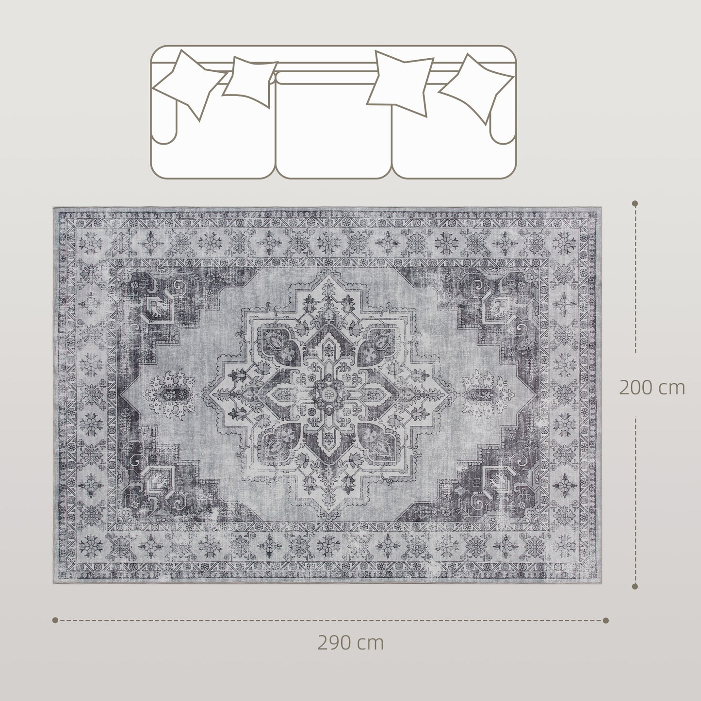 Flannel Non-Slip Washable Rug for Living Room, 290 x 200 cm, Grey