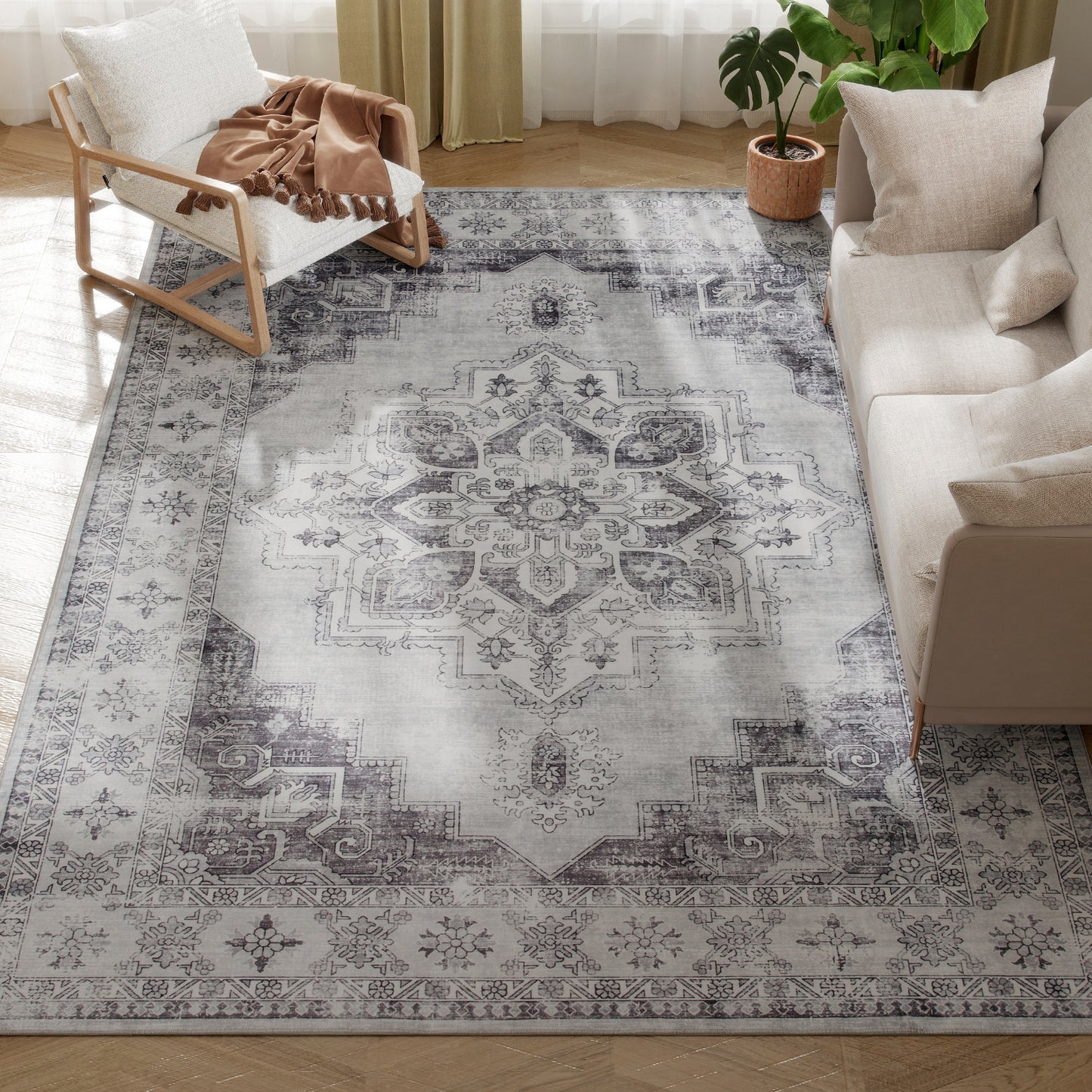 Flannel Non-Slip Washable Rug for Living Room, 290 x 200 cm, Grey