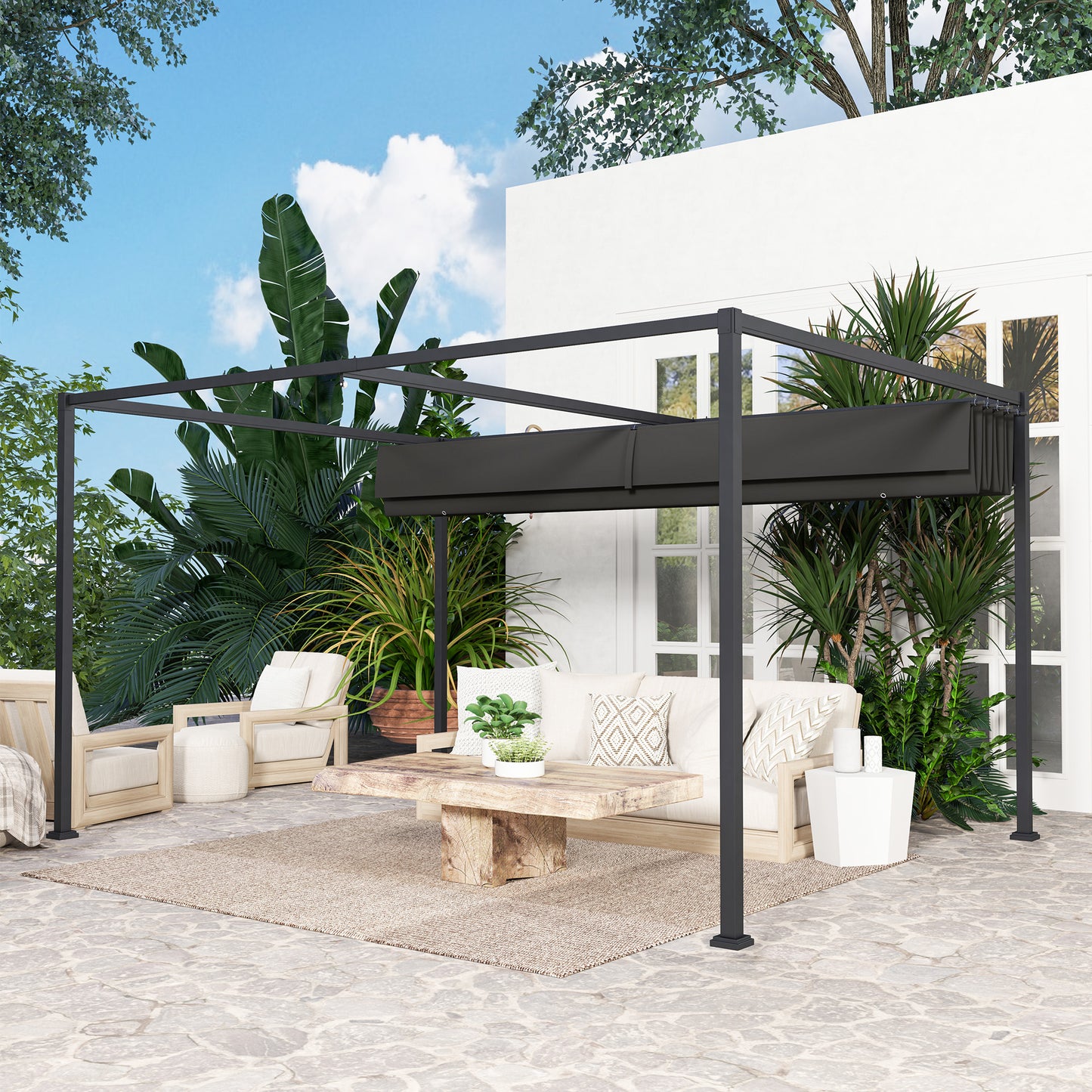 4x3(m) Metal Pergola Gazebo Patio Sunshelter Retractable Canopy Black