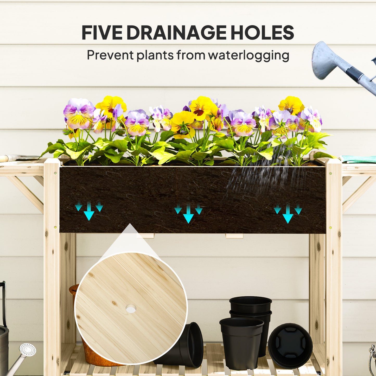 Wooden Raised Planter with Lockable Wheels, Liner, Natural