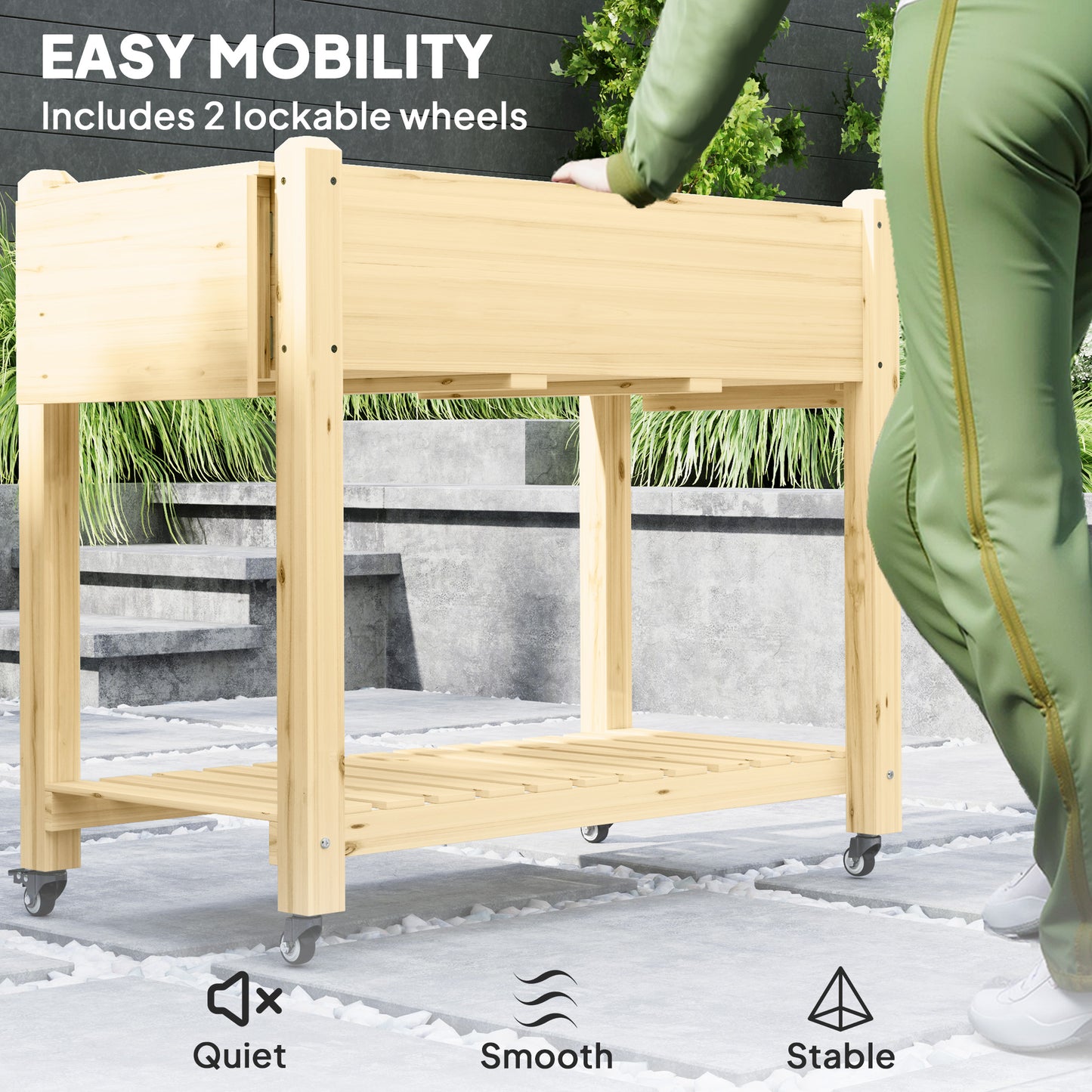 Wooden Raised Planter with Lockable Wheels, Liner, Natural