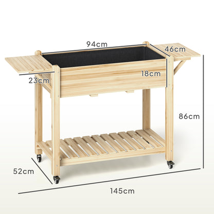 Wooden Raised Planter with Lockable Wheels, Liner, Natural