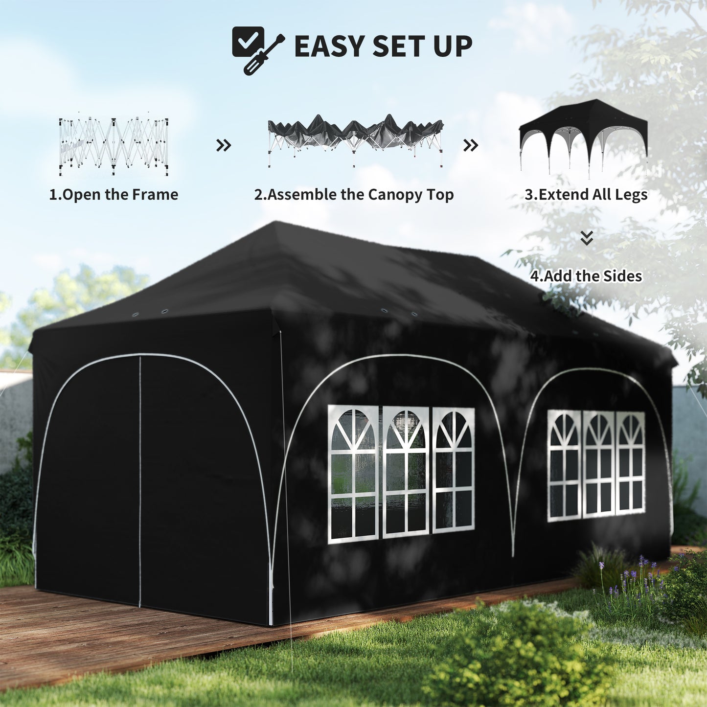 3 x 6m Pop Up Gazebo with Sides, Peak Top Garden Party Tent Marquee