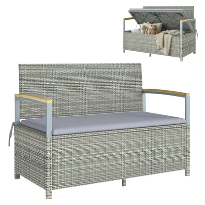 170 L Garden Storage Bench with Zipped Liner, 2 Seater PE Rattan Garden Bench with Storage, Gas Strut, Acacia Wood Top Armrests, Cushion, Patio Outdoor Benches Chest Container, Light Grey