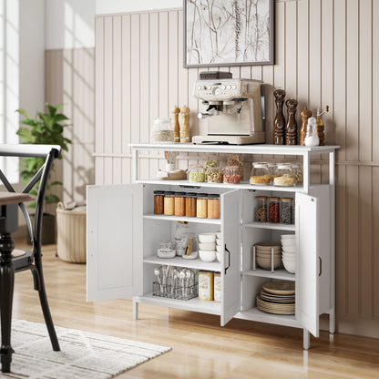 Industrial Kitchen Sideboard with Open Shelf & 2 Cabinets, White