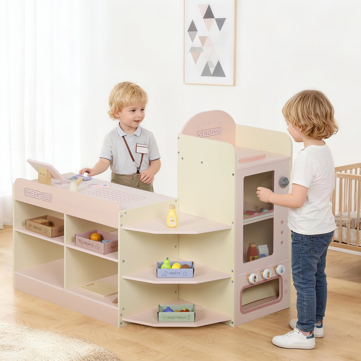 Kids Grocery Store, Pretend Play Shop with Cash Register, Pink