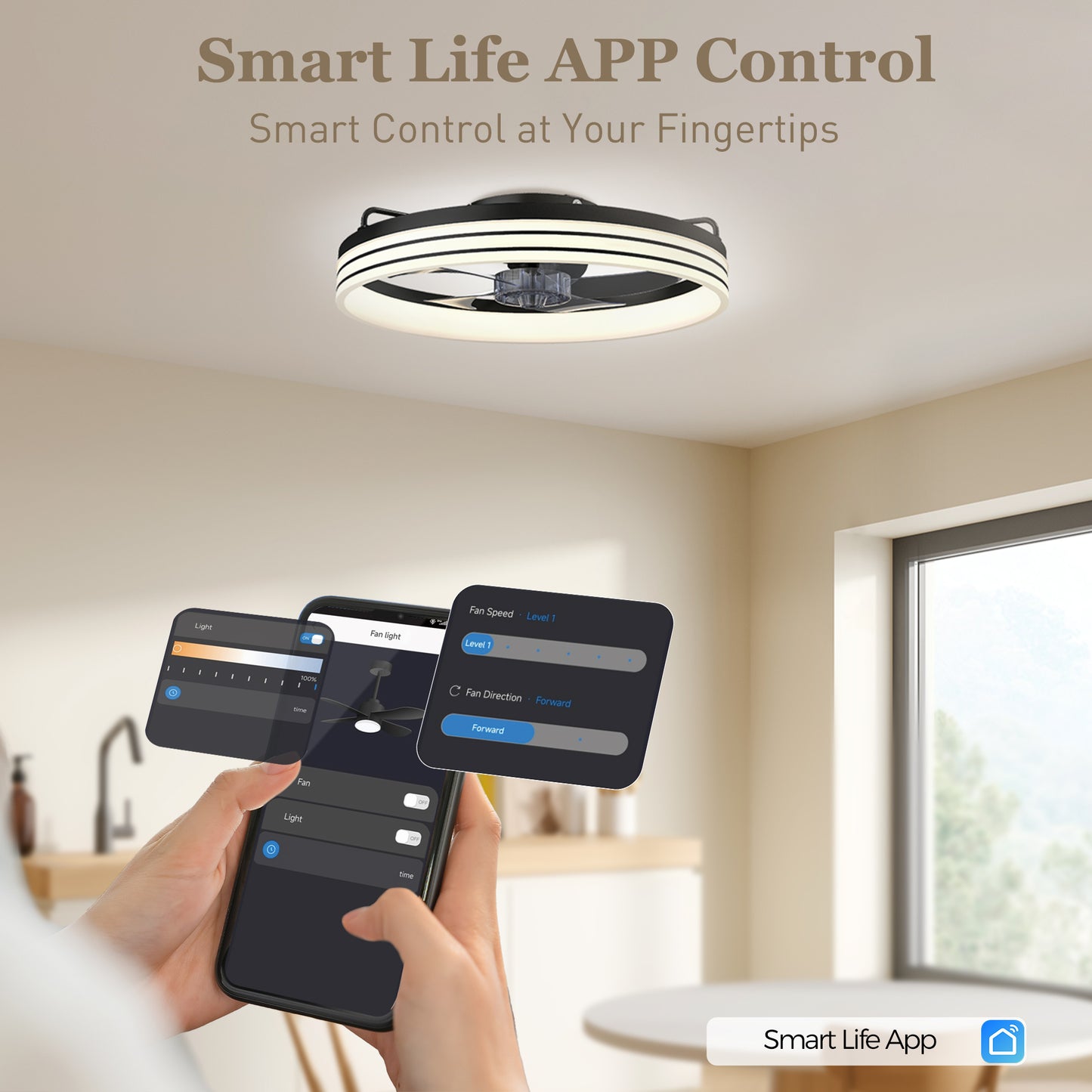 Ceiling Fan with Light and & App Control, 6 Speed, 50 cm, Black
