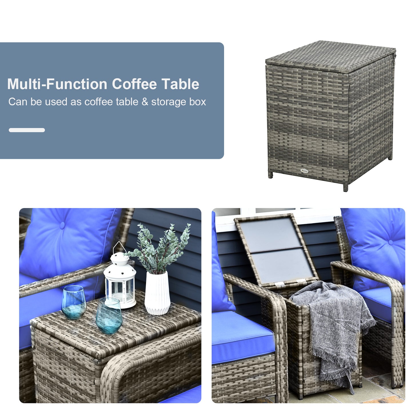 3 pcs PE Rattan Wicker Garden Furniture Patio Bistro Set Weave Conservatory Sofa Storage Table and Chairs Set Blue Cushion Grey Wicker