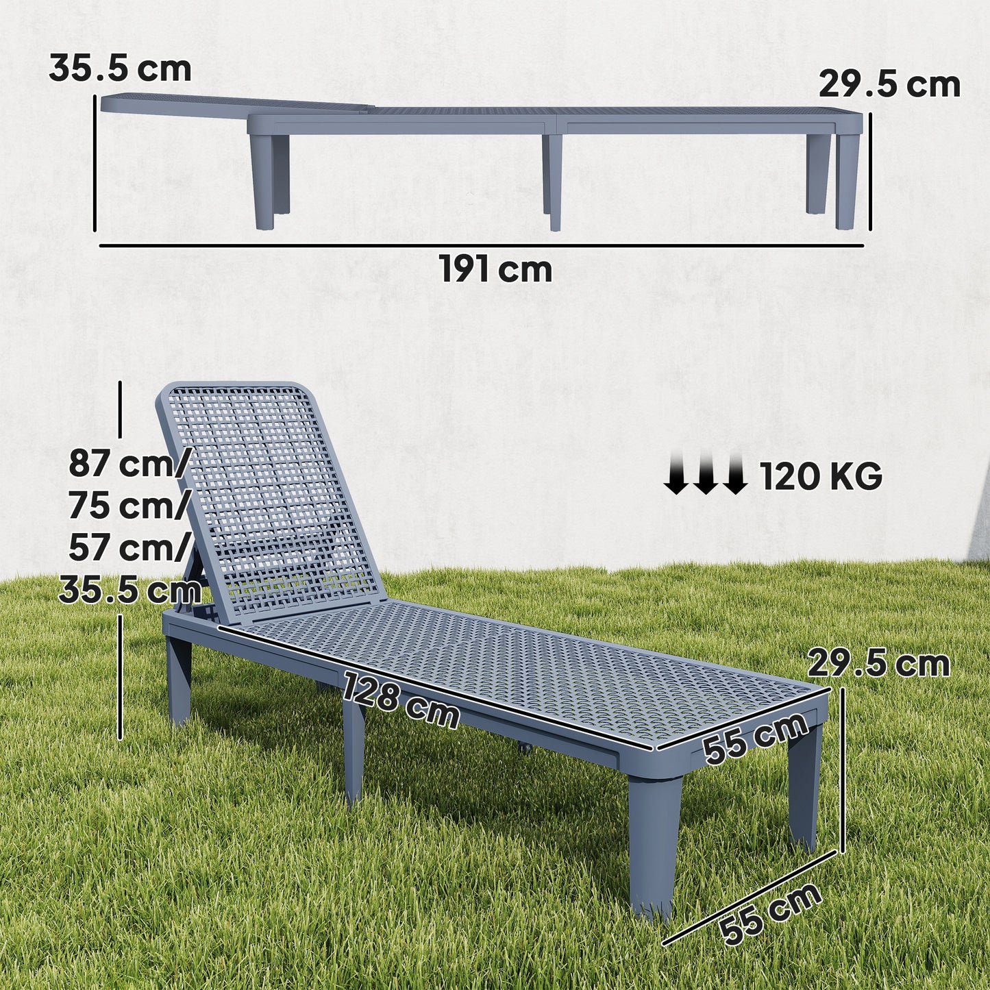 Plastic Sun Lounger, 4-Position Garden Lounger Sun bed, Dark Grey