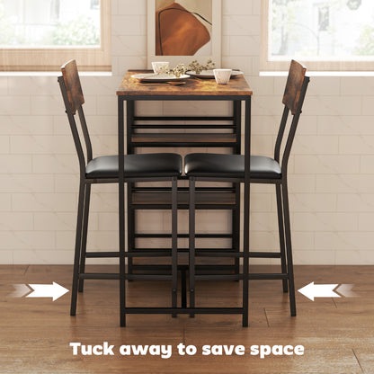 Industrial Bar Table Set with Storage and Padded Seats, Rustic Brown