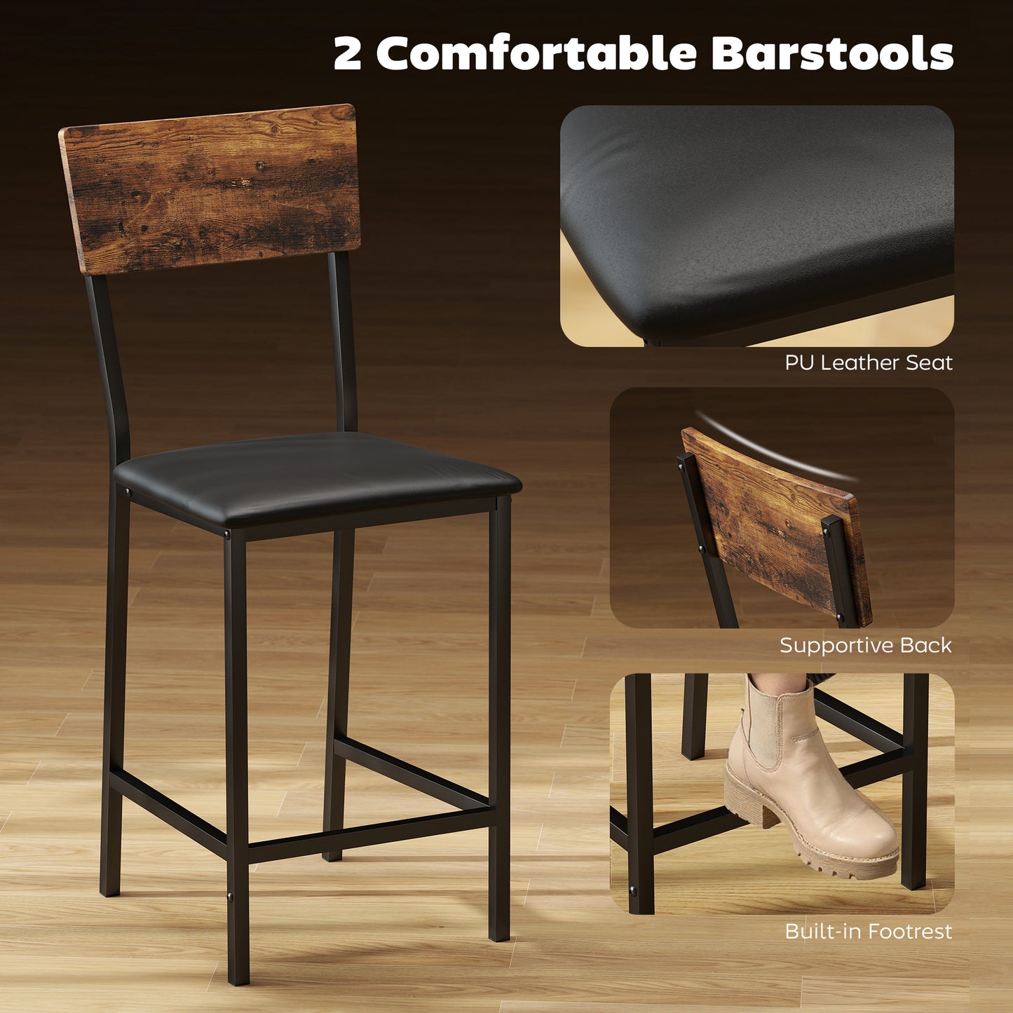 Industrial Bar Table Set with Storage and Padded Seats, Rustic Brown
