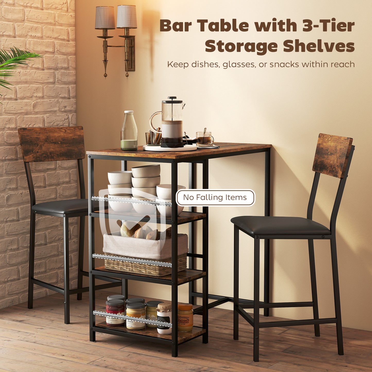 Industrial Bar Table Set with Storage and Padded Seats, Rustic Brown