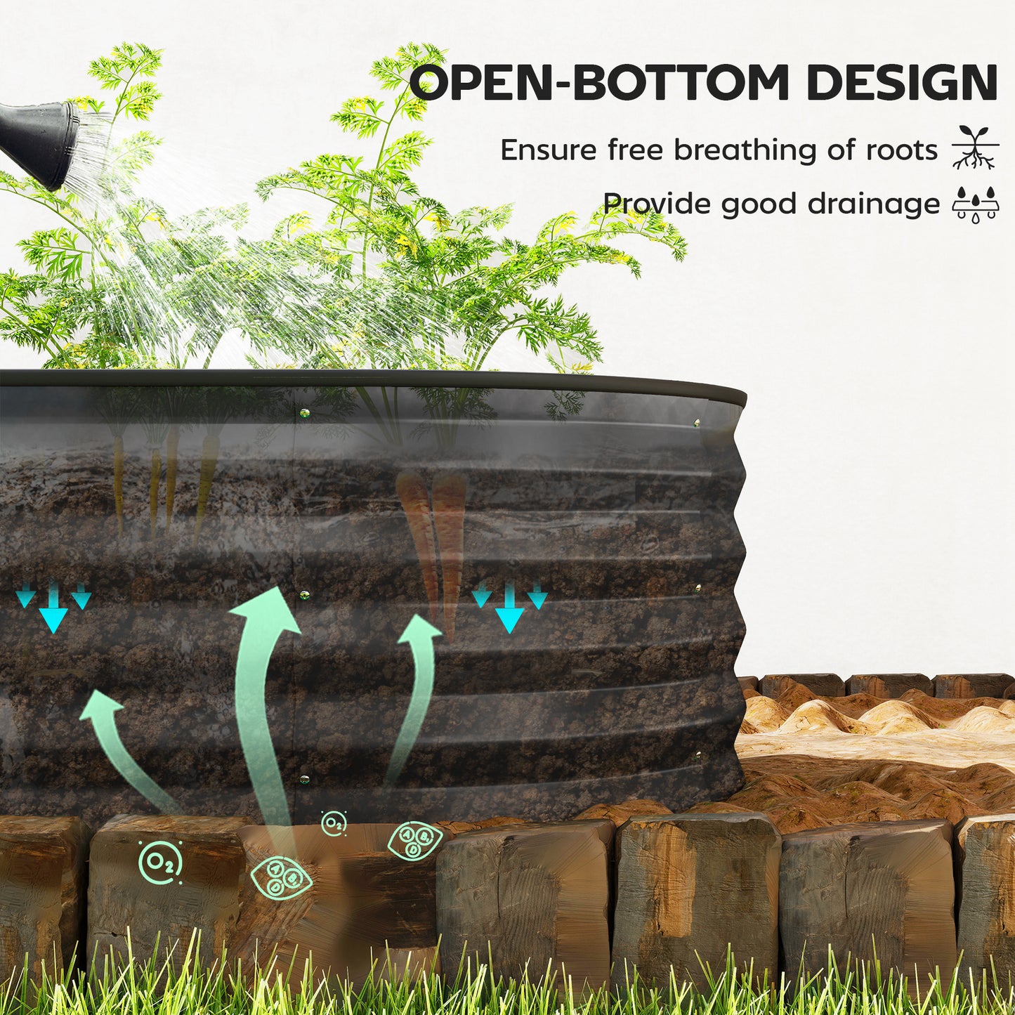 Set of 2 Raised Beds for Garden with Metal Plant Stakes, Dark Grey