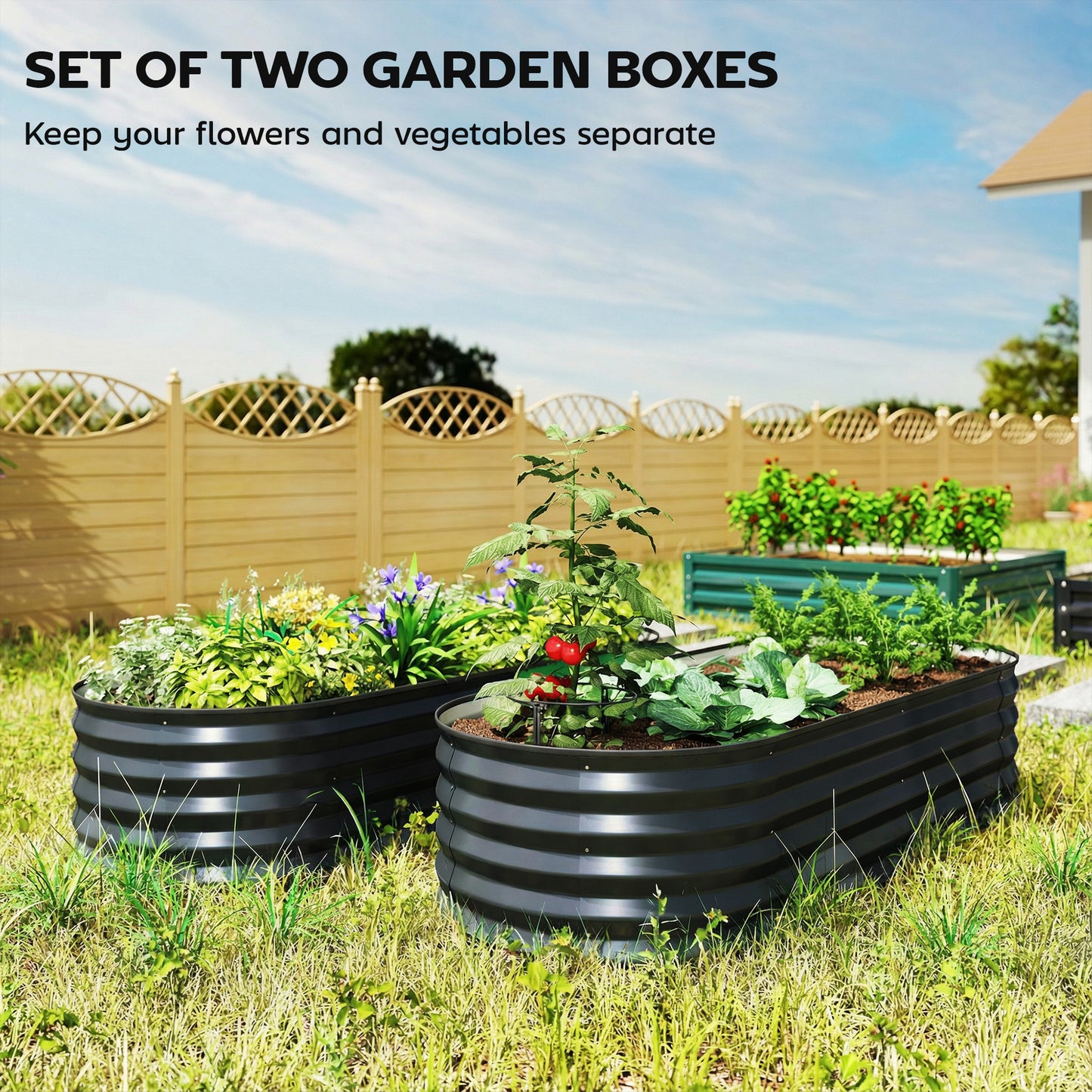 Set of 2 Raised Beds for Garden with Metal Plant Stakes, Dark Grey