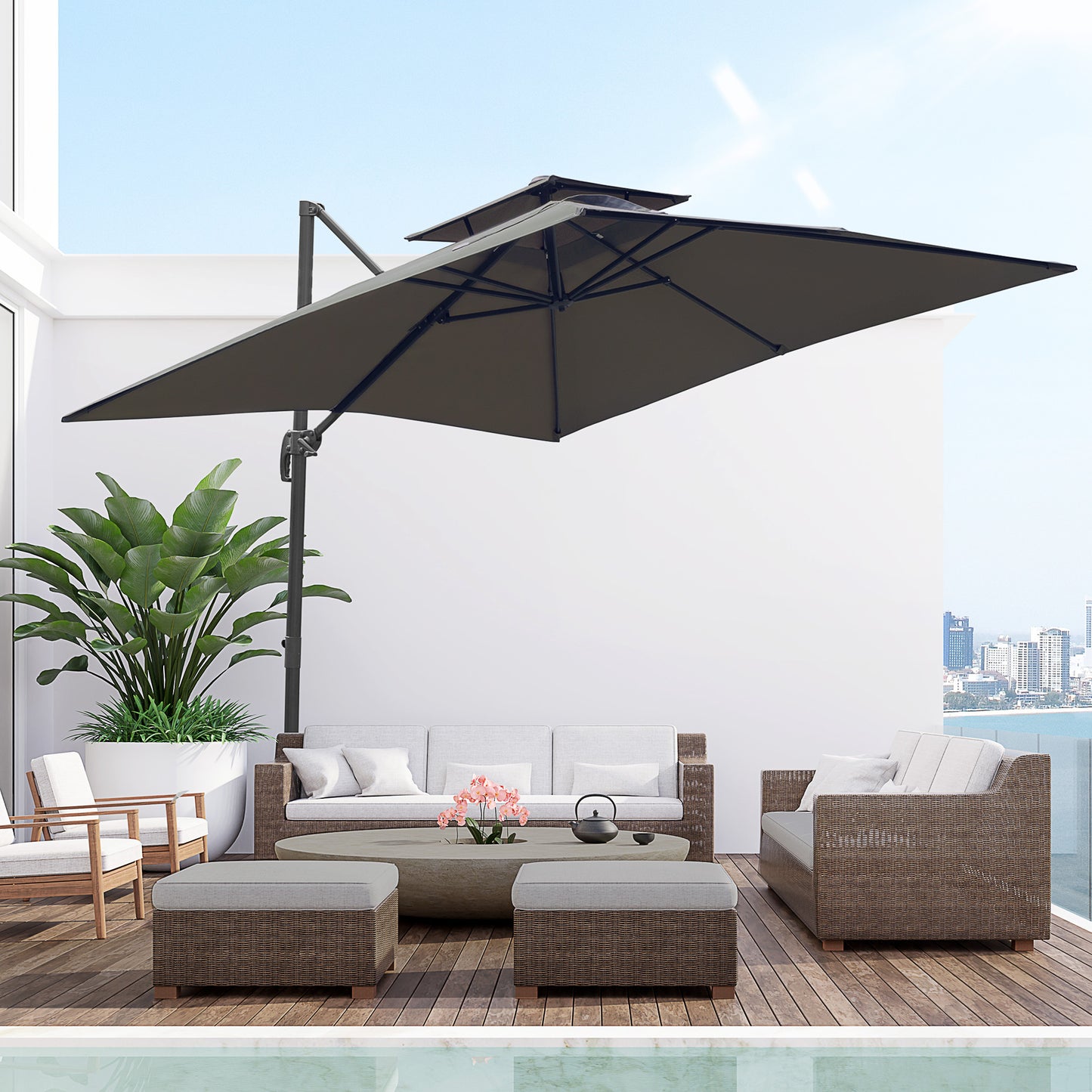 3 x 3(m) Garden Cantilever Roma Parasol with Crank and Tilt, Square Overhanging Patio Umbrella with 360√Ç¬∞ Rotation, Sun Shade Canopy with Base