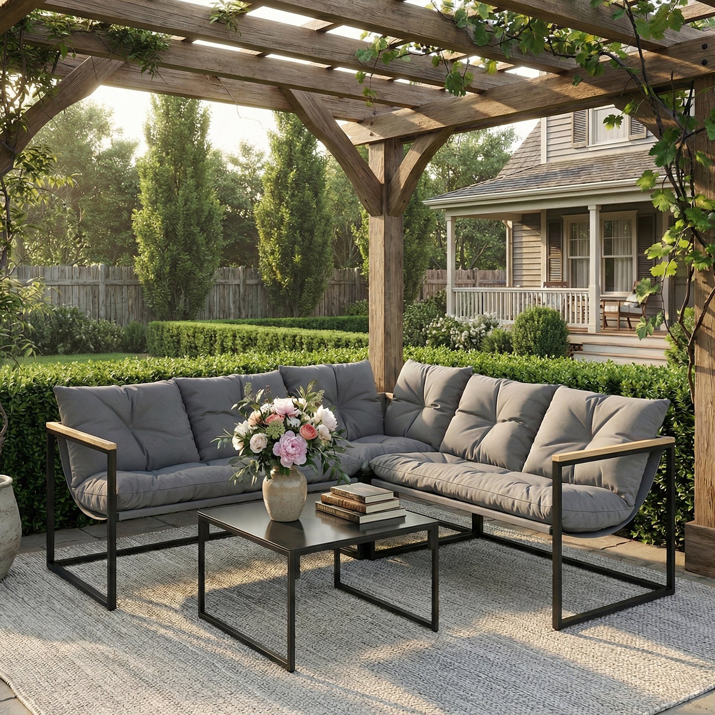 4 Piece Garden Furniture Set with Cushions Coffee Table, Grey