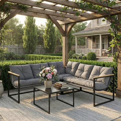 4 Piece Garden Furniture Set with Cushions Coffee Table, Grey