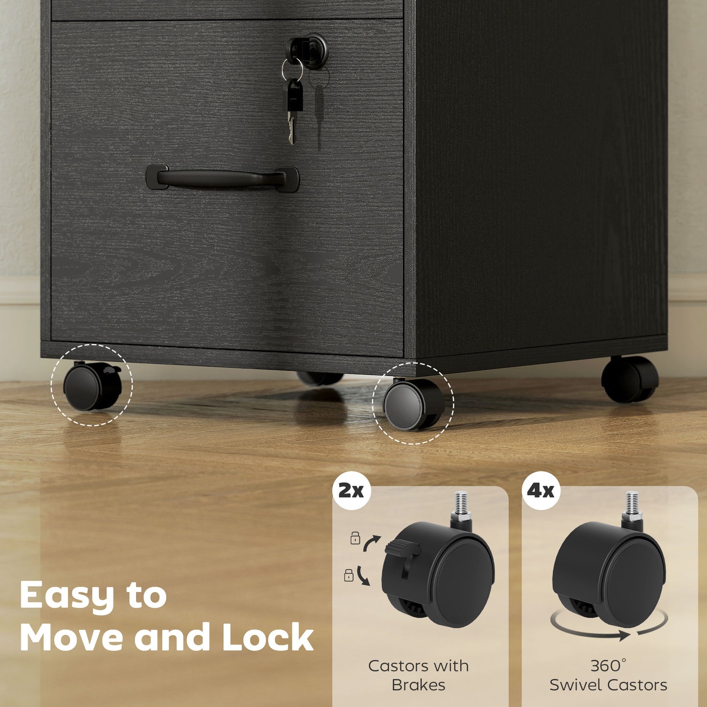 3 Drawer File Cabinet Rolling Filing Cabinet for A4 and Letter Black