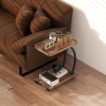 C Shaped Side Table with Storage & Wheels for Living Room, Brown