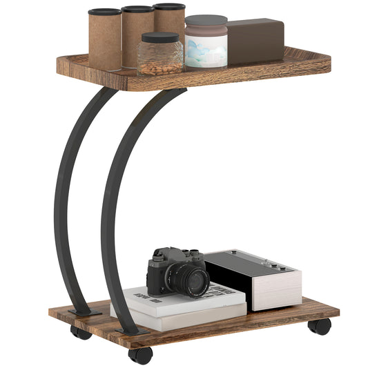 C Shaped Side Table with Storage & Wheels for Living Room, Brown